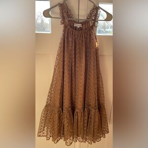 Christina Rohde dress formal taupe tan gold ruffle sleeveless size 12 A-line